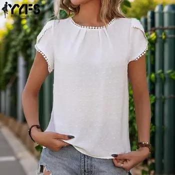 YYFS женские модные повседневные летние весенние однотонные блузки и рубашки с короткими рукавами и круглым вырезом с принтом S белый