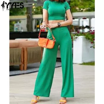 YYFS Женские модные повседневные летние весенние однотонные блузки и рубашки с короткими рукавами и круглым вырезом с принтом, брюки, костюмы S зелёный