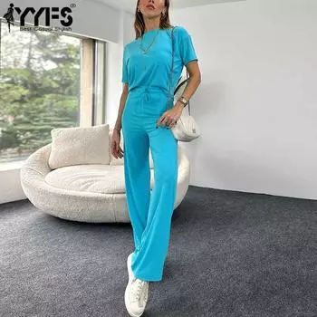 YYFS Женские модные повседневные летние весенние однотонные блузки и рубашки с короткими рукавами и круглым вырезом с принтом, брюки, костюмы S синий