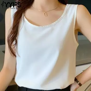 YYFS Женские модные повседневные летние весенние однотонные блузки и рубашки без рукавов с круглым вырезом и принтом S белый
