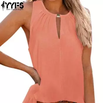 YYFS Женские модные повседневные летние весенние однотонные блузки и рубашки без рукавов с круглым вырезом и принтом S персиковый