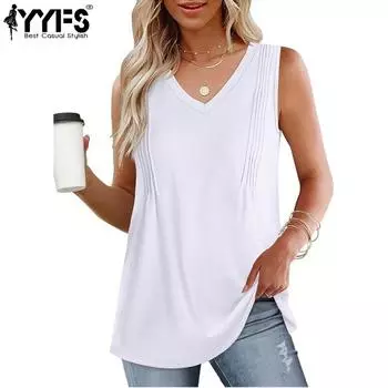 YYFS женские модные повседневные летние весенние однотонные блузки и рубашки без рукавов с v-образным вырезом и принтом S белый