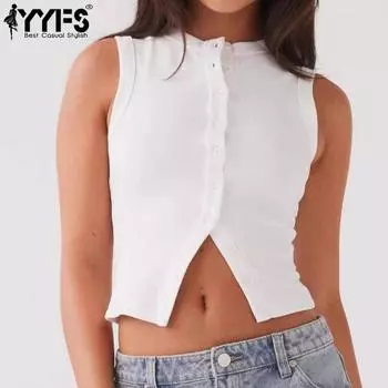 YYFS женские модные повседневные летние весенние однотонные блузки и рубашки без рукавов с v-образным вырезом и принтом S белый