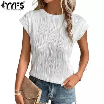 YYFS женские модные повседневные летние весенние однотонные блузки и рубашки с короткими рукавами и круглым вырезом с принтом S белый