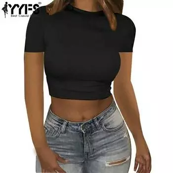 YYFS женские модные повседневные летние весенние однотонные блузки и рубашки с короткими рукавами и круглым вырезом с принтом S