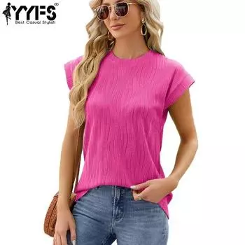 YYFS женские модные повседневные летние весенние однотонные блузки и рубашки с короткими рукавами и круглым вырезом с принтом S