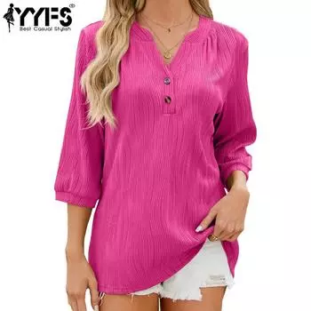 YYFS женские модные повседневные летние весенние однотонные блузки и рубашки с короткими рукавами и v-образным вырезом с принтом S