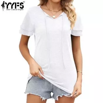 YYFS женские модные повседневные летние весенние однотонные блузки и рубашки с короткими рукавами и v-образным вырезом с принтом S белый