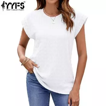 YYFS женские модные повседневные летние весенние однотонные блузки и рубашки с короткими рукавами и круглым вырезом с принтом S белый