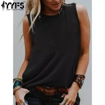 YYFS женские модные повседневные летние весенние однотонные блузки и рубашки без рукавов с круглым вырезом и принтом S чёрный