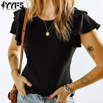 YYFS женские модные повседневные летние весенние однотонные блузки и рубашки с короткими рукавами и круглым вырезом с принтом S