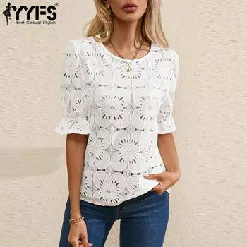 YYFS женские модные повседневные летние весенние однотонные блузки и рубашки с короткими рукавами и круглым вырезом с принтом S