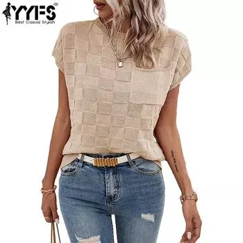 YYFS женские модные повседневные летние весенние однотонные блузки и рубашки с короткими рукавами и круглым вырезом с принтом S