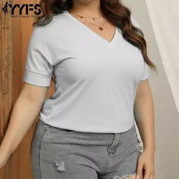 YYFS женские модные повседневные летние весенние однотонные блузки и рубашки с короткими рукавами и v-образным вырезом с принтом XL белый
