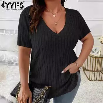 YYFS женские модные повседневные летние весенние однотонные блузки и рубашки с короткими рукавами и v-образным вырезом с принтом XL чёрный
