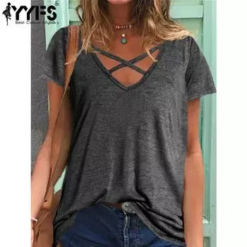 YYFS женские модные повседневные летние весенние однотонные блузки и рубашки с короткими рукавами и v-образным вырезом с принтом S серый
