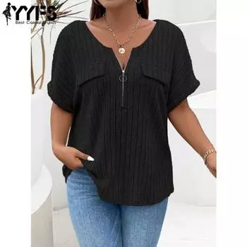 YYFS женские модные повседневные летние весенние однотонные блузки и рубашки с короткими рукавами и v-образным вырезом с принтом XL чёрный