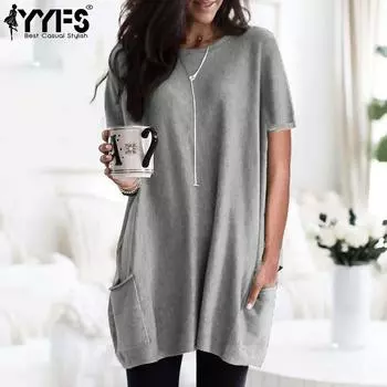 YYFS женские модные повседневные летние весенние однотонные блузки и рубашки с короткими рукавами и круглым вырезом с принтом S серый