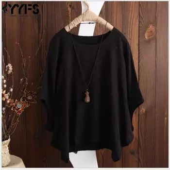YYFS женские модные повседневные летние весенние однотонные блузки и рубашки с круглым вырезом и рукавами 1/2 с принтом S чёрный