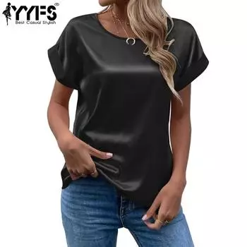 YYFS женские модные повседневные летние весенние однотонные блузки и рубашки с короткими рукавами и круглым вырезом с принтом S чёрный