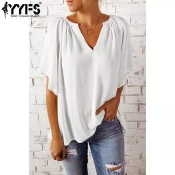 YYFS женские модные повседневные летние весенние однотонные блузки и рубашки с короткими рукавами и v-образным вырезом с принтом S белый