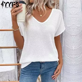 YYFS женские модные повседневные летние весенние однотонные блузки и рубашки с короткими рукавами и v-образным вырезом с принтом S белый