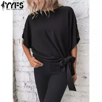 YYFS женские модные повседневные летние весенние однотонные блузки и рубашки с короткими рукавами и круглым вырезом с принтом S чёрный