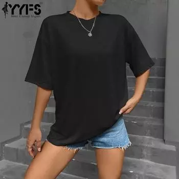YYFS женские модные повседневные летние весенние однотонные блузки и рубашки с короткими рукавами и круглым вырезом с принтом S чёрный