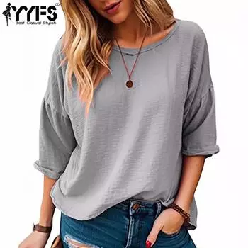 YYFS женские модные повседневные летние весенние однотонные блузки и рубашки с короткими рукавами и круглым вырезом с принтом S серый