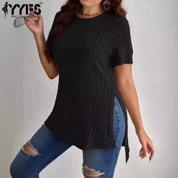 YYFS женские модные повседневные летние весенние однотонные блузки и рубашки с короткими рукавами и круглым вырезом с принтом XL чёрный