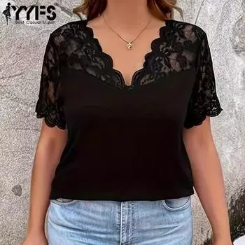 YYFS женские модные повседневные летние весенние однотонные блузки и рубашки с короткими рукавами и v-образным вырезом с принтом XL чёрный