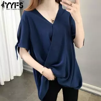 YYFS женские модные повседневные летние весенние однотонные блузки и рубашки с короткими рукавами и v-образным вырезом с принтом M тёмно-синий