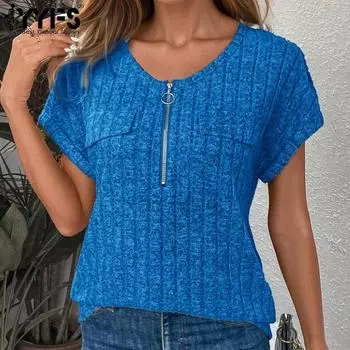 YYFS женские модные повседневные летние весенние однотонные блузки и рубашки с короткими рукавами и v-образным вырезом с принтом S чёрный