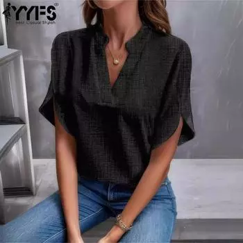 YYFS женские модные повседневные летние весенние однотонные блузки и рубашки с короткими рукавами и v-образным вырезом с принтом S чёрный
