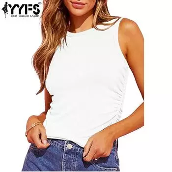 YYFS женские модные повседневные летние весенние однотонные блузки и рубашки без рукавов с круглым вырезом и принтом S белый