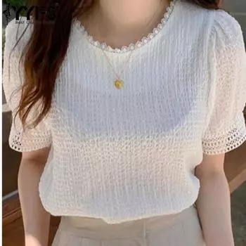 YYFS женские модные повседневные летние весенние однотонные блузки и рубашки с короткими рукавами и круглым вырезом с принтом S белый