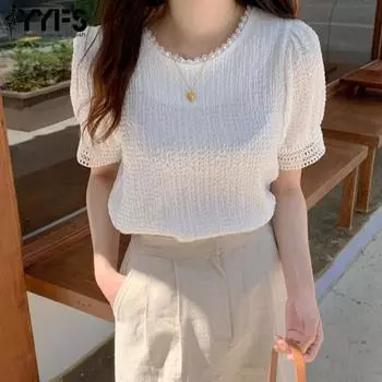 YYFS женские модные повседневные летние весенние однотонные блузки и рубашки с короткими рукавами и круглым вырезом с принтом S белый