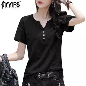 YYFS женские модные повседневные летние весенние однотонные блузки и рубашки с короткими рукавами и v-образным вырезом с принтом M чёрный