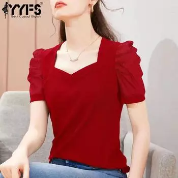 YYFS женские модные повседневные летние весенние однотонные блузки и рубашки с короткими рукавами и v-образным вырезом с принтом M чёрный