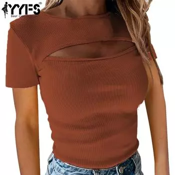 YYFS женские модные повседневные летние весенние однотонные блузки и рубашки с короткими рукавами и круглым вырезом с принтом S коричневый