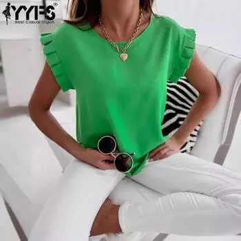 YYFS женские модные повседневные летние весенние однотонные блузки и рубашки с короткими рукавами и круглым вырезом с принтом S зелёный
