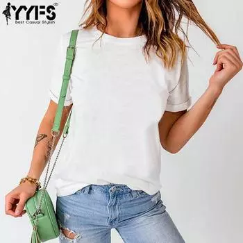 YYFS женские модные повседневные летние весенние однотонные блузки и рубашки с короткими рукавами и круглым вырезом с принтом S белый