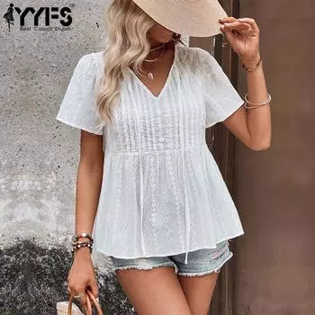 YYFS женские модные повседневные летние весенние однотонные блузки и рубашки с короткими рукавами и v-образным вырезом с принтом S белый