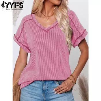 YYFS женские модные повседневные летние весенние однотонные блузки и рубашки с короткими рукавами и v-образным вырезом с принтом S розы красного