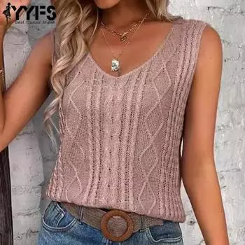 YYFS женские модные повседневные летние весенние однотонные блузки и рубашки без рукавов с v-образным вырезом и принтом S темно-розовый