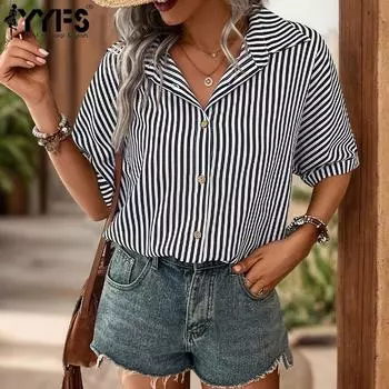 YYFS Женская мода Повседневная Летняя Весна Полосатый Принт Короткий Рукав Воротник ПОЛО Блузки и Рубашки S