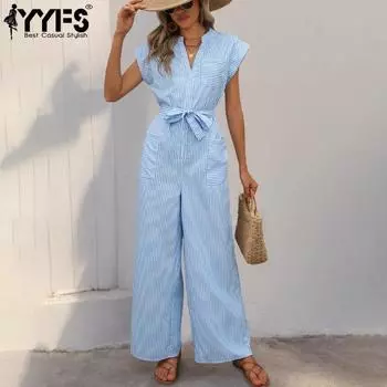 YYFS Женская мода Повседневный Лето Весна Полосатый Принт Без Рукавов V-образный вырез Высокая талия Брюки Комбинезоны и Ромперы S синий