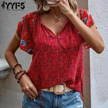 YYFS женские модные повседневные летние весенние свободные блузки и рубашки с цветочным узором и коротким рукавом с v-образным вырезом S красный