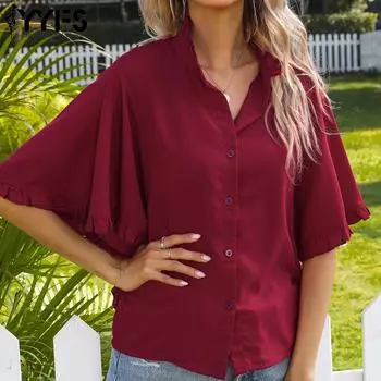 YYFS женские модные повседневные однотонные блузки и рубашки с короткими рукавами и принтом S красный