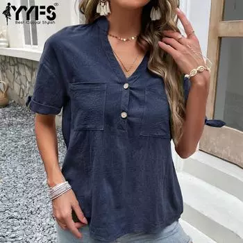 YYFS женские модные повседневные однотонные блузки и рубашки с короткими рукавами и v-образным вырезом с принтом M зелёный